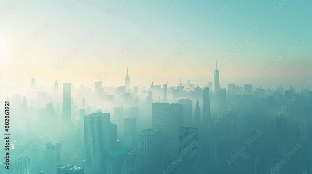 Urban skyline visible through a haze of air pollution emphasizing environmental challenges and air quality issues during the day