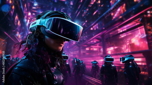 Young woman wearing virtual reality headset against night city background with neon lights