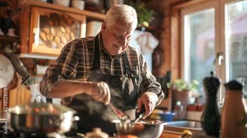 Senior man cooking in a home kitchen, wearing an apron and stirring a pot. photo