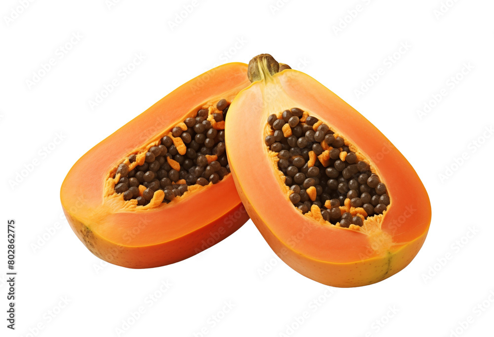 Whole and halved ripe papaya fruit, showing bright orange papaya fruit contents and black seeds. Generative AI Whole and halved ripe papaya fruit, showing bright orange papaya fruit contents and black seeds. Generative AI