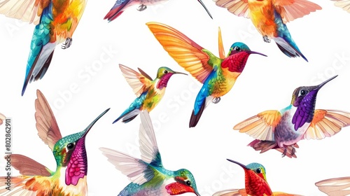 A beautiful watercolor painting of hummingbirds in flight