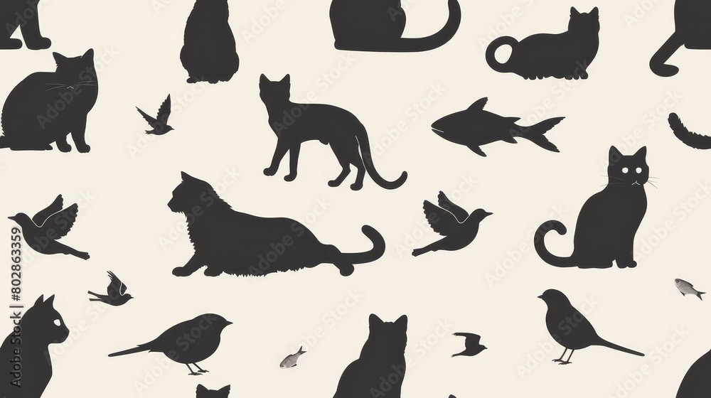 Fototapeta premium A seamless pattern with black cats, birds, and fish on a beige background. The pattern is cute and playful, and would be perfect for a variety of projects.