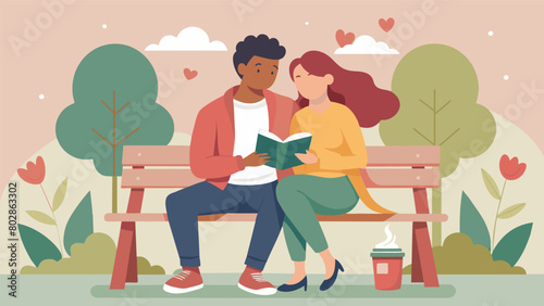 A young couple cuddles on a park bench sipping hot lattes and listening to a passionate poetry reading at the coffee morning organized by their.