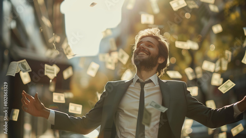 handsome young businessman is happy, throwing money in the air, wearing suit . The background of falling dollars in motion blur