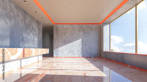 Sunlit home with dove grey plaster, coral trim, and bamboo floors. photo