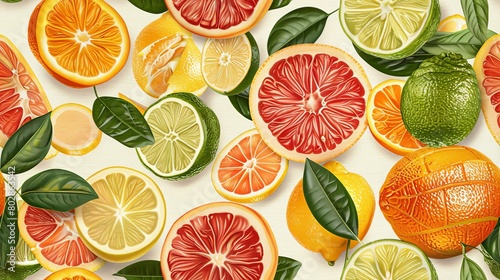 A variety of citrus fruits are on display, including oranges, grapefruits, and lemons