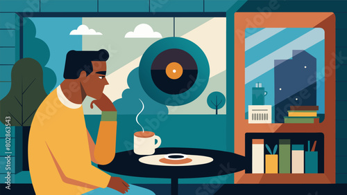 The satisfying sound of a needle dropping onto a vinyl record followed by the smooth and mellow tunes of a jazz album as a customer sips on their Vector illustration photo