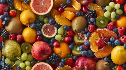A variety of fresh fruits, including apples, oranges, grapes, and berries.