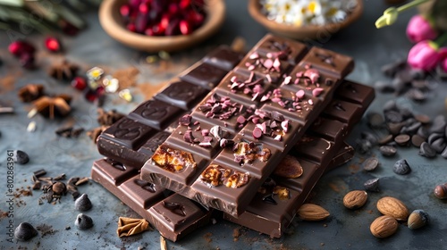 handmade dark and milk chocolate bars with nuts. Gourmet Nutty Chocolate Bars photo
