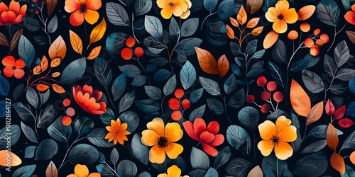 Seamless floral pattern consists of various stylized flowers and leaves. This image is interesting because of its vibrant colors and detailed representation of botanical elements. photo
