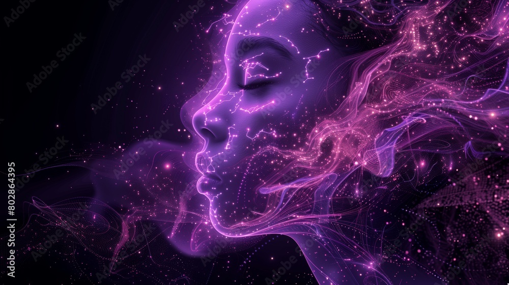 Digital woman head with violet space stars, Artificial Intelligence concept. Abstract illustration of a head with purple glowing and shining, machine learning. Mental health care, ezoteric theme.