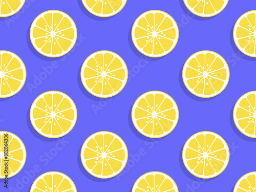 Lemon seamless pattern illustration. Summer vibes. Yellow lemons on the blue background. Fruit repeated background.