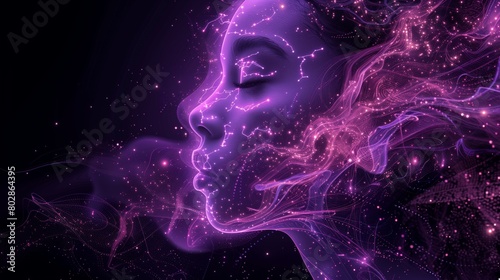 Digital woman head with violet space stars, Artificial Intelligence concept. Abstract illustration of a head with purple glowing and shining, machine learning. Mental health care, ezoteric theme.