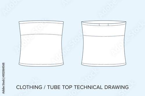 Blank Tube Top Technical Drawing, Women’s Apparel Blueprint for Fashion Designers. Detailed Editable Vector Illustration, Black and White Clothing Schematics, Isolated Background