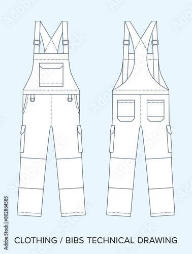 Blank Bibs with Pockets Technical Drawing, Apparel Blueprint for Fashion Designers. Detailed Editable Vector Illustration, Black and White Clothing Schematics, Isolated Background photo
