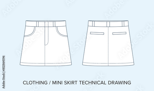 Blank Mini Skirt Technical Drawing, Apparel Blueprint for Fashion Designers. Detailed Editable Vector Illustration, Black and White Womens Clothing Schematics, Isolated Background. 