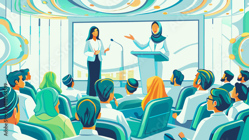 Diverse Audience Attending a Conference with Female Speaker