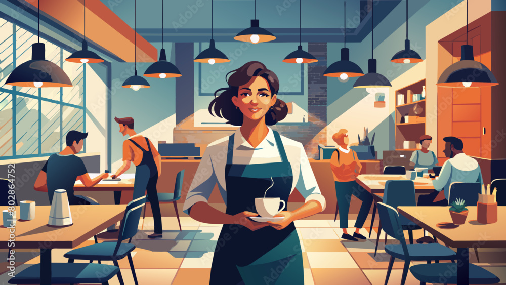 Cheerful Waitress Serving Coffee in Bustling Modern Cafe Cheerful Waitress Serving Coffee in Bustling Modern Cafe