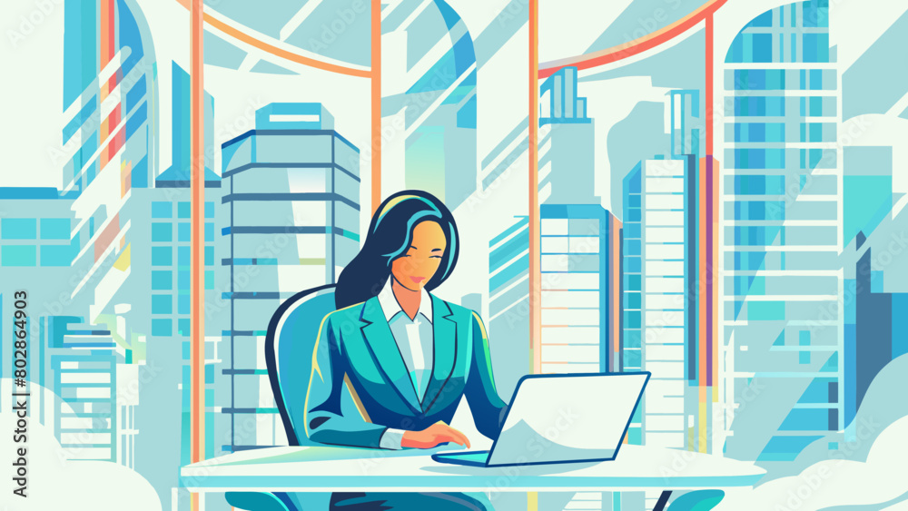 Obraz premium Modern Businesswoman Working on Laptop in Urban Office Setting