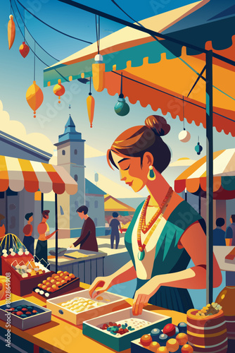 Vibrant Marketplace Scene with Woman Selecting Spices Under Colorful Lanterns
