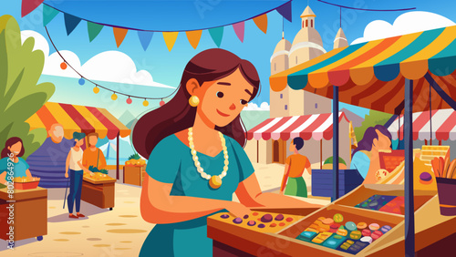 Cheerful Woman Shopping at Outdoor Market Festival