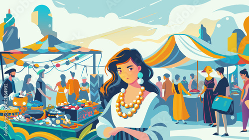 Vibrant Street Market Scene with Diverse Shoppers and Colorful Stalls