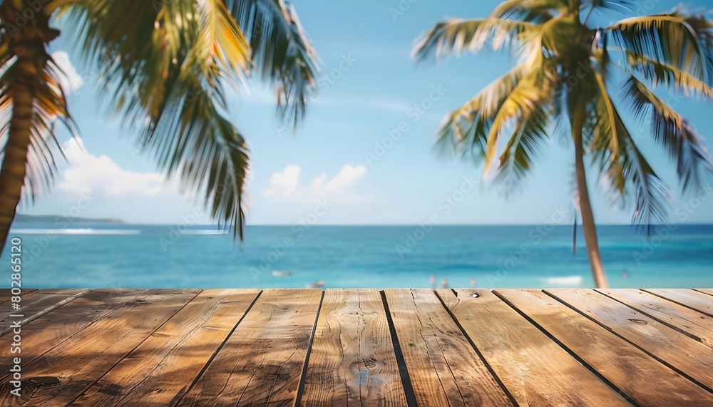 wooden table with a view of the beach and palm trees in the background, minimalistic photography for product showcase