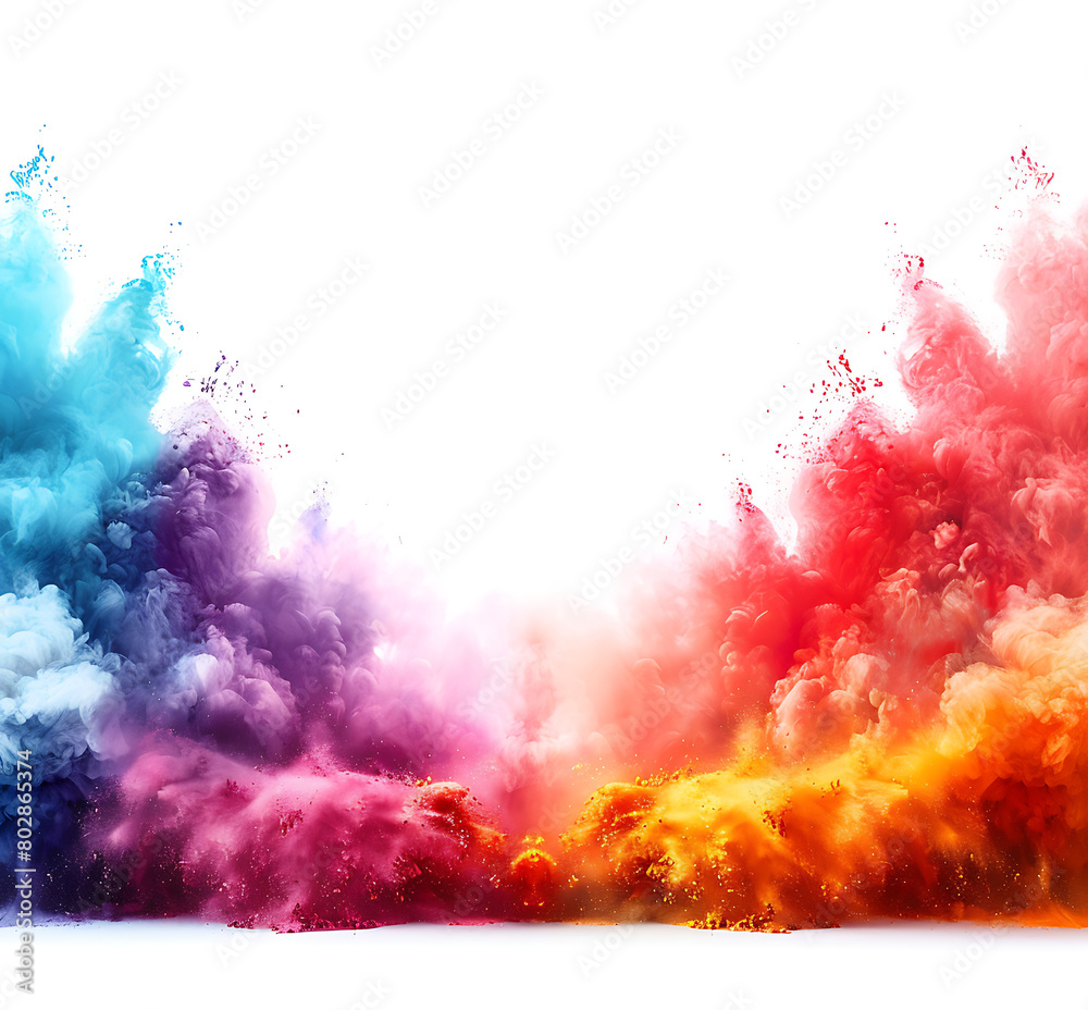 Fototapeta premium Yellow, magenta, cyan and black color powder explosion isolated white wide panorama background