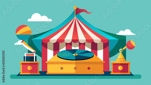 A whimsical record player shaped like a circus tent complete with playful clown figurines and a colorful striped canopy featured in a carnivalthemed Vector illustration