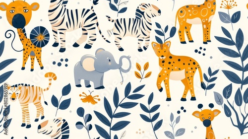 Cute cartoon african animals seamless pattern with giraffe  zebra  elephant  tiger  leopard. Perfect for kids room decor  fabric  textile  nursery wallpaper  wrapping paper.