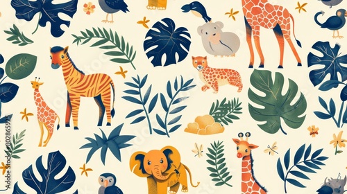 Cute cartoon animals and plants. Seamless pattern with giraffe, elephant, zebra, lion, monkey, leaves and flowers. For fabric, textile, nursery decor, wallpaper, wrapping paper. photo
