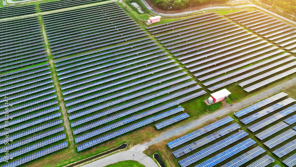 Obraz premium A mesmerizing drone perspective reveals a high-tech solar farm, sleek and efficient, powering the future with sustainable energy. Clean power from nature's gifts: Renewable energy. 