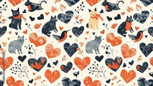 Cute cats and birds seamless pattern