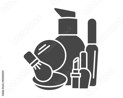 Makeup and cosmetics. Vector set of graphic black icons. Lipstick, mascara, powder, foundation, face brush, nail polish