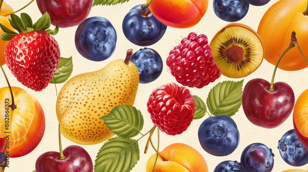 Fresh and juicy fruits. Seamless pattern with hand drawn illustrations of various fruits. Vector.