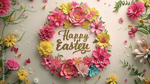 Vibrant spring flowers forming the shape of an Easter egg, accompanied by the text "Happy Easter" in elegant script.