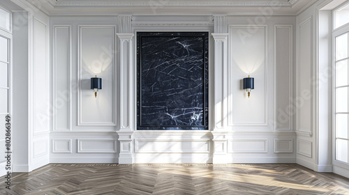 Minimalist luxury home with white walls, navy marble trim, and ash parquet under stylish lighting.