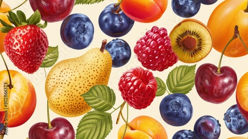 Fresh and juicy fruits. Seamless pattern with hand drawn illustrations of various fruits. Vector.