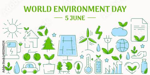 World Environment Day, modern ecology nature banner. Set of line eco icons in flat minimalist style. For flyer, poster, cover, web, presentation. Sustainability, recycle, renewable energy.