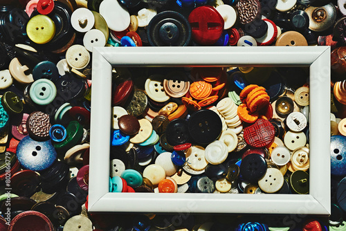 A bunch of different colored tailor's buttons and a white frame photo