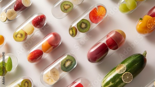Transparent capsules with fruits. Vitamins, dietary supplements.
