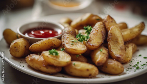 fried potatoes on a white porcelain plate with ketchup
