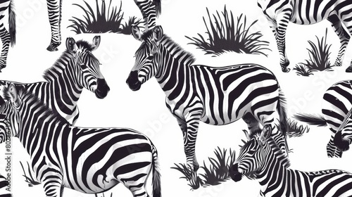 The image is a black and white zebra pattern. The zebras are standing in different poses.