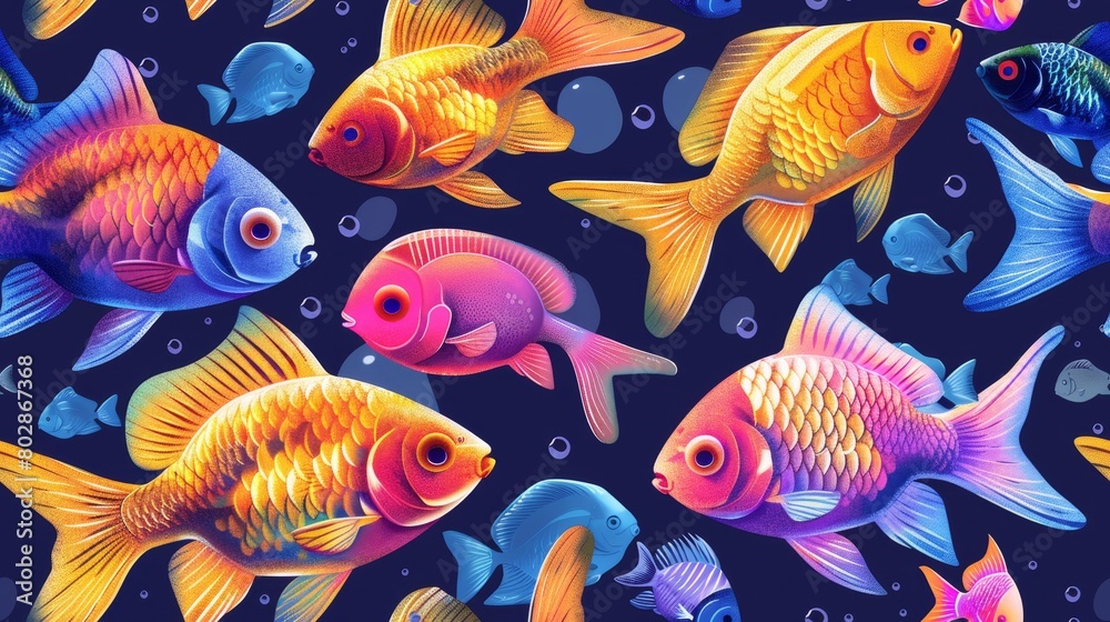 The image is a seamless pattern of colorful, cartoonish fish