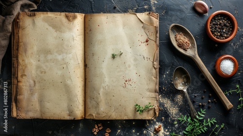 Vintage cookbook with kitchen tools.
