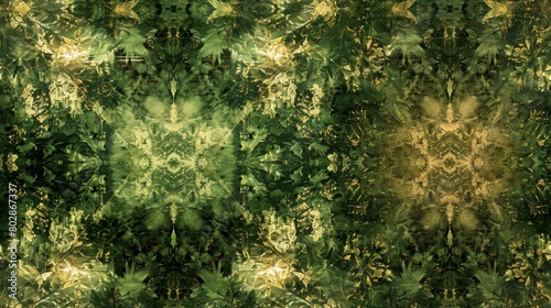 The image is a green and yellow kaleidoscope pattern