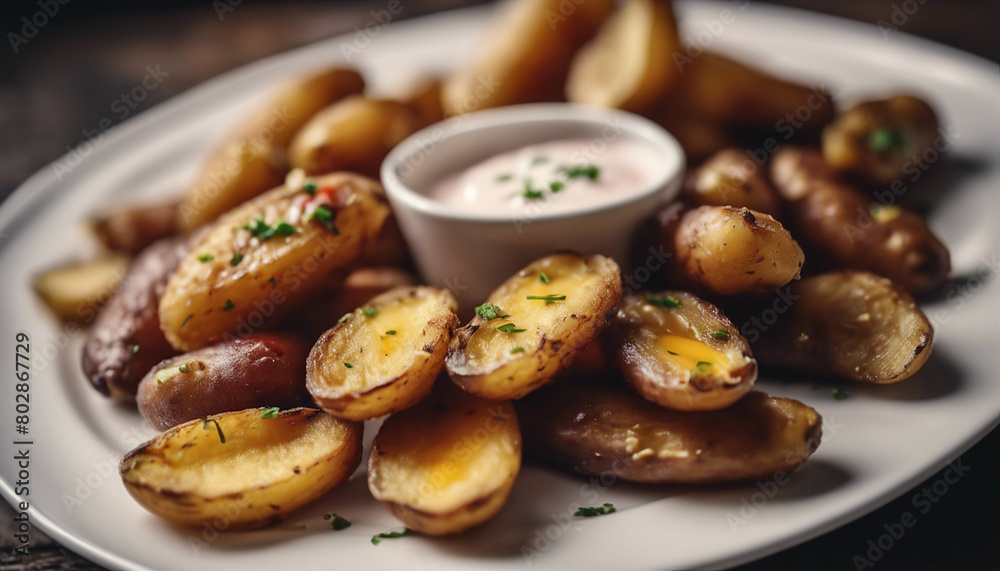 fried potatoes on a white porcelain plate with ketchup
