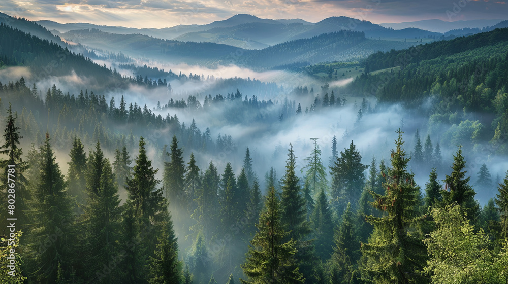 Beautiful morning coniferous forest near the river