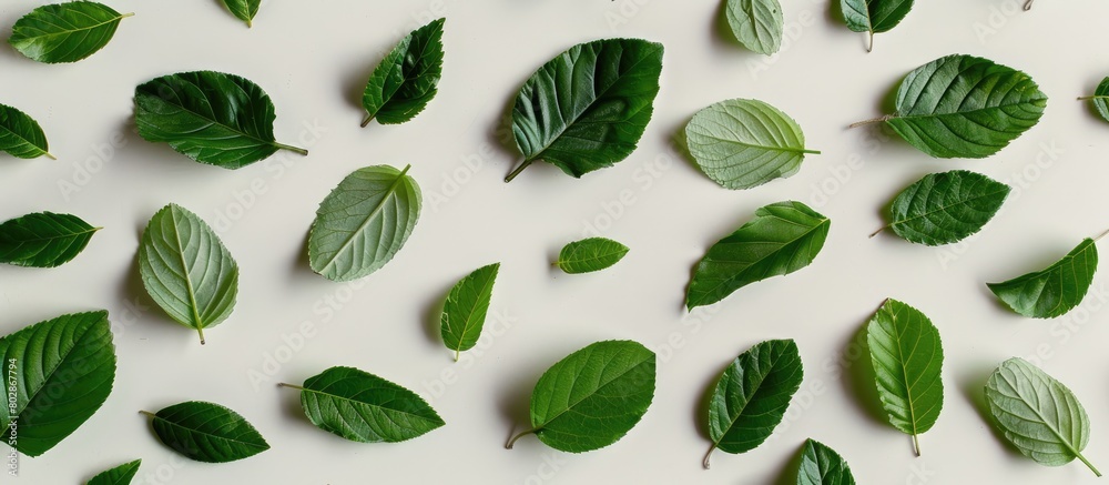 Nature-themed design featuring green leaves arranged creatively on a white paper card. Nature-themed design featuring green leaves arranged creatively on a white paper card.