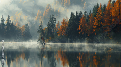 Beautiful morning coniferous forest near the river photo